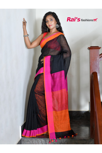 Fine Linen By Linen Saree With Contrast Color Border And Pallu (RAI181)